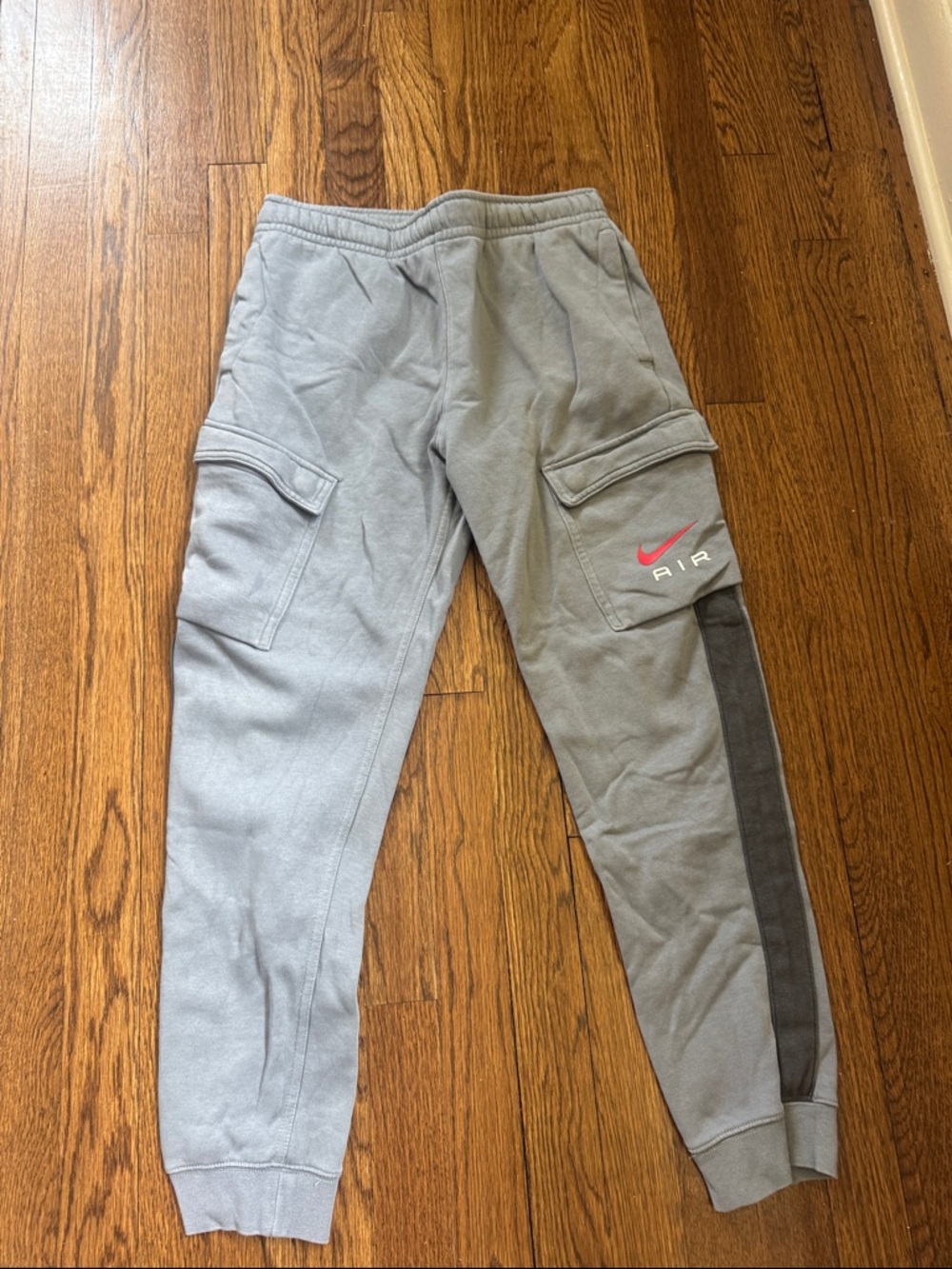 Nike Kids Gray Cargo Joggers with Dark Gray Side Panel and Pink Swoosh